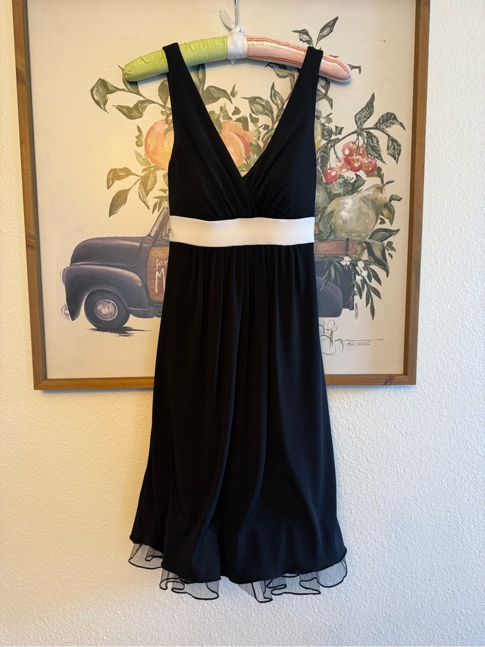 Women's‎ Black Dress with White Waistband - Classic V-Neck Cocktail Dress